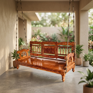 Carved Wooden <b>Swing</b> Sofa <b>Chair</b> Hanging <b>Chair</b> <b>Outdoor</b> & Indoor Use 3-Person Quick-Dry Cushion - Product Image 3