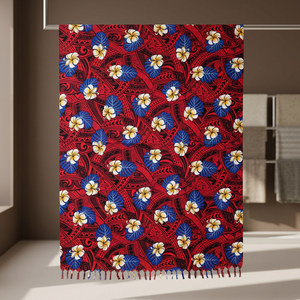 Pareo Boho con Estampado Floral y Borlas, Patrón Rojo, Azul y Blanco, Tejido de Rayón, Corte Clásico, para Playa, Verano, con Bordes Deshilachados - Product Image 1