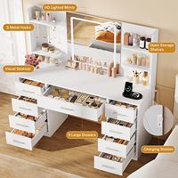 Miroir de maquillage LED minimaliste moderne avec prise de courant, 7 tiroirs, 4 étagères, 5 crochets, pour chambre et salle de bain, blanc