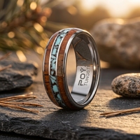 Bague classique en carbure de tungstène poli argenté 8 mm avec incrustation de bois de Koa et pierres concassées turquoise, bijou unisexe pour mariage et fiançailles