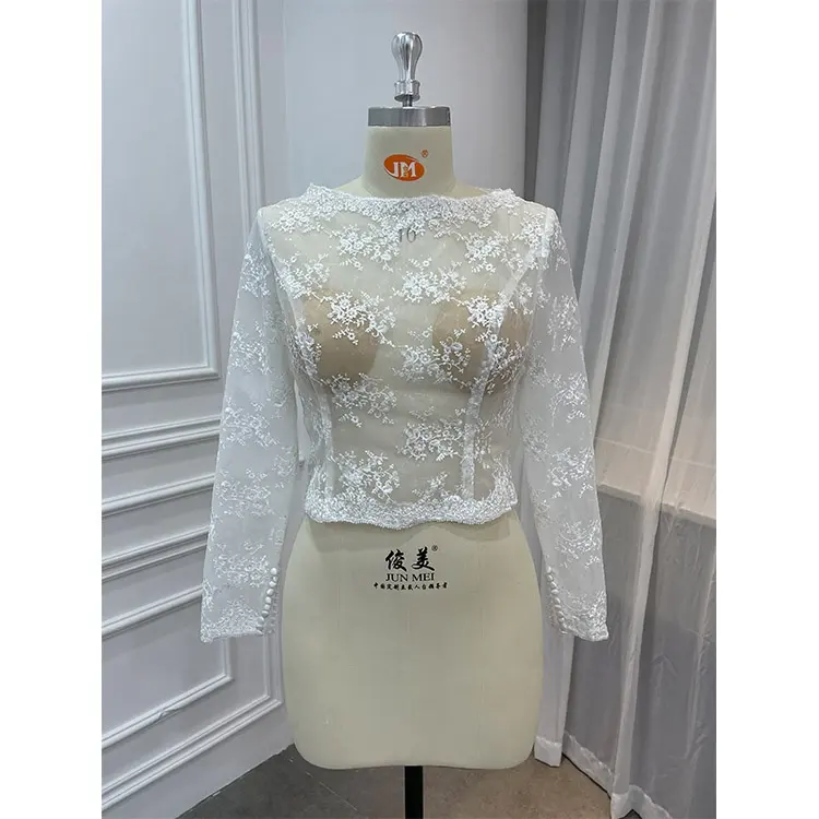 Embroidered Lace Floral Sequined Wedding Accessaries Long Sleeves Bridal Sheer Bolero