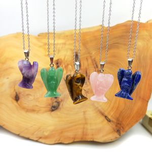 Bijoux Cristal Ange Collier Craved Gemstone Tiger Eye Amethyst Lapis Lazuli Ange Statue Pendentif Collier pour Hommes et Femmes - Product Image 1