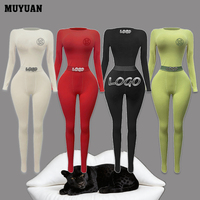 Ensemble 2 pièces pour femme avec logo personnalisé, haut à manches longues et pantalon taille haute, en Spandex, tenue décontractée professionnelle, vêtements de détente, tenues d'été