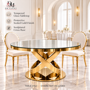 Table de salle à manger ronde élégante DM EVENT en or avec plateau en verre trempé et base croisée en acier inoxydable pour événements de mariage - Product Image 1
