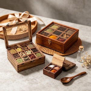 Scatola per <span class=keywords><strong>Spezie</strong></span> in Legno Multiforme, Organizzatore Esagonale e Rettangolare in Legno di Acacia con Coperchio per <span class=keywords><strong>Spezie</strong></span> da Cucina - Product Image 2