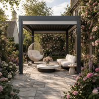 Pergola de jardin de luxe écologique motorisée bioclimatique en aluminium thermolaqué, pavillon permanent à toit rigide avec rideau