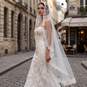 YouLaPan Romantische bruidssluier met bloemenkant en parels Kathedraal bruidssluier Bruidshaaraccessoire voor trouwjurk V377 - Product Image 5