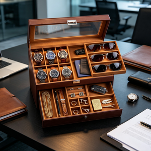 Caja de Almacenamiento de Accesorios para Hombre de Cuero de Gran Capacidad, Organizador Multicompartimento para Relojes, Gafas de Sol, Collares, Objetos de Valor de Escritorio - Product Image 3