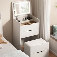 Perabot Kamar Tidur Modern Eropa dengan Penyimpanan Terintegrasi Tinggi, Meja Rias Kecil Ramah Lingkungan dengan Cermin Berlampu, Laci, dan Bangku