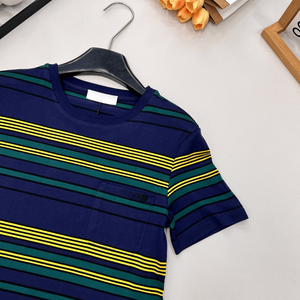 Women Navy Green <b>Yellow</b> Striped Short Sleeve Knit T Shirt Round Neck Soft Breathable Casual Daily Versatile Basic Fashion - Product Image 5