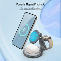 Chargeur sans fil magnétique pliable 3 en 1, support de téléphone en aluminium, station de charge rapide 15W avec base rotative à 360° et lumière RGB