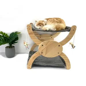 Longnew เปลญวนสำหรับแมวแบบ2-In-1,เตียงนอนเล่นสบายทำจากไม้สำหรับนอนแมว