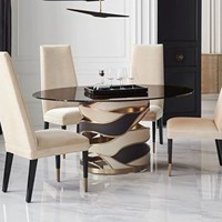 Table à manger en marbre de style moderne et luxueux, avec pieds en acier inoxydable, plateau en verre de forme irrégulière, pour hôtel ou villa, 8 places