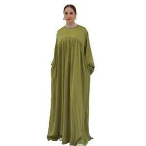 Groothandel Islamitische Kleding Abaya Dubai Vrouwen Moslim Jurk Bladerdeeg Mouw Satijn Effen Abaya Traditionele Moslim Kleding