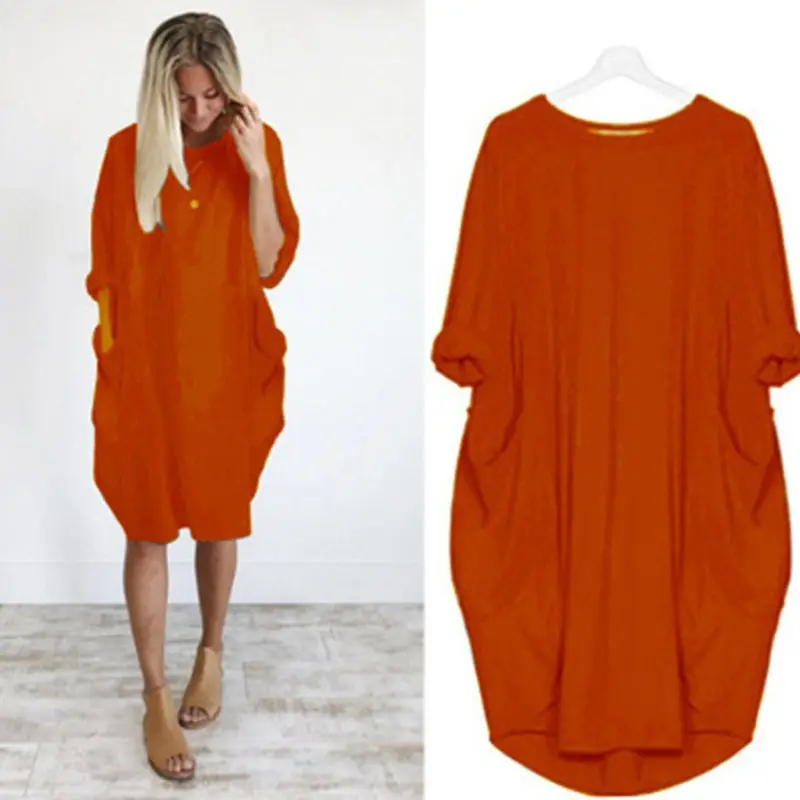 Cheap Dresses For Woman Fashion Solid Long Sleeve Casual Dress Plus Size Women Clothing