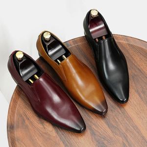 Chaussures habillées marron en cuir pleine fleur pour hommes, à bout pointu, à enfiler, antidérapantes, respirantes, légères, à motif écossais - Product Image 4