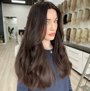 Qualità Premium # Parrucche 1C 2 Marrone Scuro Kosher con Capelli Allineati alle Cuticole, Base Piatta Annodata Singolarmente, Senza Colla, con Fodera e Top in Pizzo Diamantato Personalizzato - Product Image 4