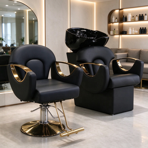 Ensemble de mobilier de salon de coiffure noir et or : Fauteuil de lavage, bac à shampoing, fauteuil de coiffage, lavabo - Product Image 1