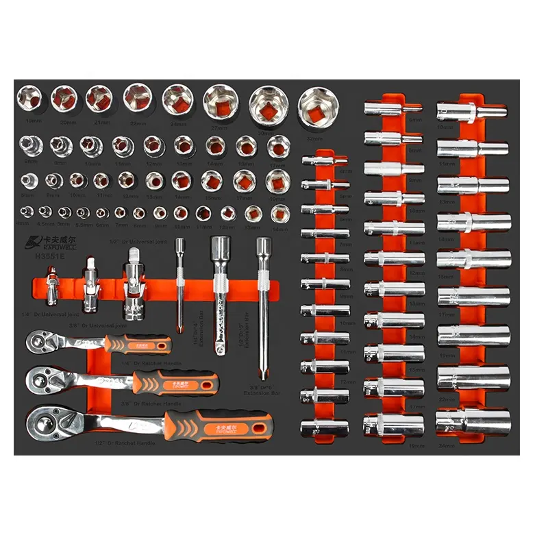 KAFUWELL H3551E 80pcs Professional multi size modular socket ratchet wrench accessory cabinet tools set packed by EVA foam