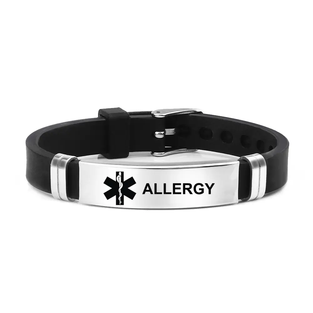 Custom Logo Nieuwste Ontwerp Zwart Gepersonaliseerde Medische Identificatie Verstelbare Roestvrijstalen Polsband Siliconen Armband