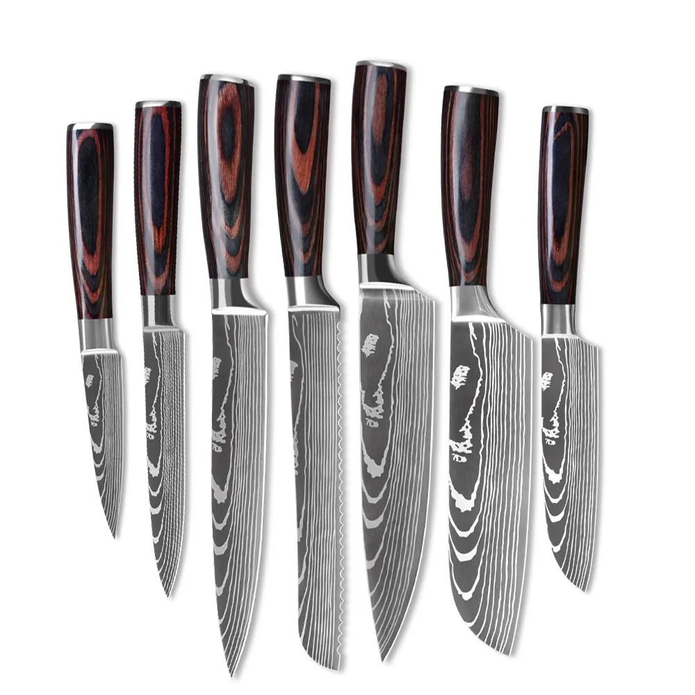 Yangjiang Messer Laser Chef 7pcs Küchenmesser Set Damaskus Adern 13 Styles Professional 7 cr17 High Carbon Edelstahl 30pcs