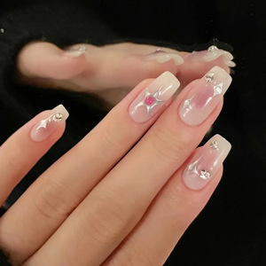 Blush Starlet Press <span class=keywords><strong>en</strong></span> las <span class=keywords><strong>uñas</strong></span> con <span class=keywords><strong>efecto</strong></span> de rubor y estrellas de cuatro puntos de metal <span class=keywords><strong>Uñas</strong></span> postizas extraíbles hechas a mano puras - Product Image 3