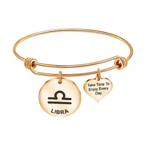 Kingcome Wholesale Gold Plated Stainless Steel Handmade Astrology Bangle Bracelet with Round Heart Charm