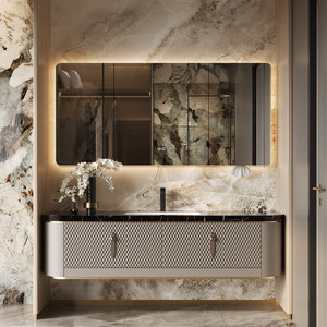 Modern luxury rock slab countertop ceramic basin intelligent <b>mirror</b> cabinet <b>wall</b> mounted bathroom cabinet - Product Image 1
