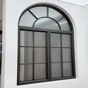 Fenêtre arquée française en aluminium noir avec grille radiale, double vitrage, ouverture vers l'extérieur, insonorisée, isolation thermique, villa de luxe - Product Image 1