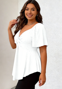 Chemisier Peplum Blanc Décontracté Grande Taille pour Femme avec Col en V Torsadé et Manches Courtes à Volants Printemps Automne Été - Product Image 6
