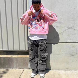 Su misura American Retrò Gothic <span class=keywords><strong>Rock</strong></span> Hip Hip Happwear lavato con cappuccio con stampa digitale DTG felpa con cerniera ritagliata per gli uomini - Product Image 4