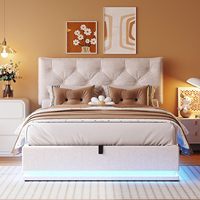 Tête de lit moderne à plateforme beige avec boutons, système de rangement hydraulique et lumière LED, lit double rembourré pleine grandeur