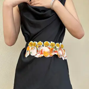 Wholesale Handmade Fabric Flower Elastic Belt For Women Dress New Fashion Adjustable Flowers Elastic Strength Cinch Belt Girls