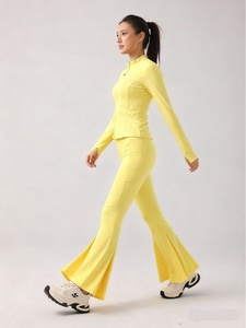 Ensemble de sport respirant et extensible pour femme, col montant zippé, haut à manches longues, <span class=keywords><strong>micro</strong></span>-pantalon de <span class=keywords><strong>yoga</strong></span>, respectueux de la peau - Product Image 4