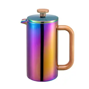 double wall insulated vacuum rainbow color stainless steel french press coffee maker with wooden handle