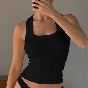 Canottiera da palestra con ricamo personalizzato da <span class=keywords><strong>donna</strong></span> in maglia Crop Top da <span class=keywords><strong>donna</strong></span> senza maniche t-shirt sportive da <span class=keywords><strong>donna</strong></span> Slim Fit canotte a <span class=keywords><strong>costine</strong></span> di cotone - Product Image 3