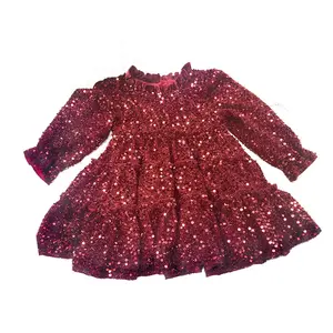 Bán Buôn Tùy Chỉnh Màu Đỏ Dài Tay Áo Công Chúa Nhung Sequined Ăn Mặc Trẻ Em Ăn Mặc Cho Cô Gái