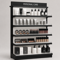 Étagère de présentation métallique robuste pour soins personnels, 5 niveaux, avec rehausseurs antidérapants givrés, panneau arrière blanc et montants à fentes, pour la vente au détail