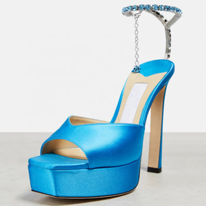 Sandales à plateforme pour femmes avec chaîne de cheville ornée de diamants, bout carré ouvert, talons hauts, en soie lisse, couleurs personnalisées, escarpins d'été - Product Image 3