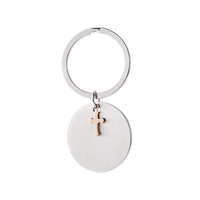 Porte-clés rond en acier inoxydable Ywyougang avec breloque croix, étiquette vierge personnalisable, pour hommes et femmes, vente en gros