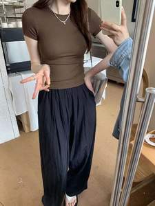 T-shirt rétro pour femmes, streetwear Harajuku, été, décontracté, couleur unie, crop top, manches courtes, col rond, t-shirt moulant - Product Image 4