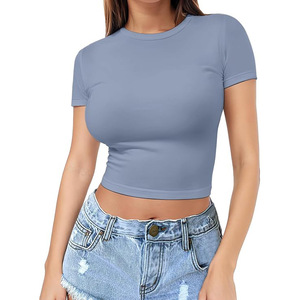 IStapromo Gifts Crop top d'été blanc pour femme à manches courtes en maille fine, en soie de lait - Product Image 1