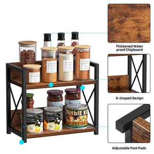 Iron Wood Double Layer Storage <b>Rack</b> For <b>Kitchen</b> Countertop Food Condiment Organization 2 Tier Shelf - Product Image 2