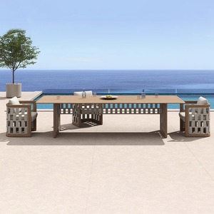 Ensemble de table à manger en teck d'extérieur moderne, tables et chaises en bois massif imperméables avec cadre en métal - Product Image 4