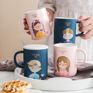 Tazas de <span class=keywords><strong>Café</strong></span> de Cerámica con Dibujos Animados de Niños y Niñas, Taza de Porcelana con Tapa y Cuchara para Regalos de Pareja - Product Image 1