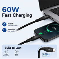 Câble de charge rapide USB C 20V 3A 60W, 1,5 m, nylon noir, PD 3A, câble en cuivre étamé pour téléphone portable, ordinateur et tablette, 1 pièce