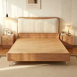 Minimalist Oak Queen Bed <b>Frame</b> with Upholstered Headboard and Plywood Panel Design - Product Image 3