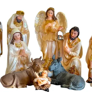 hot selling White and Gold Home Decoration Resin Folk Art Work Desk Figurines Christmas Nativity Set Custom Nativity Figurine