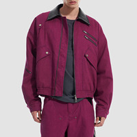 Veste de travail vintage en coton magenta avec col en cuir, coupe oversize, style streetwear, fermeture éclair, veste bomber utilitaire pour homme
