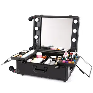 Aluminum 4 -wheels professional rolling cosmetic Makeup Suitcase Train Case With lighted mirror LED light